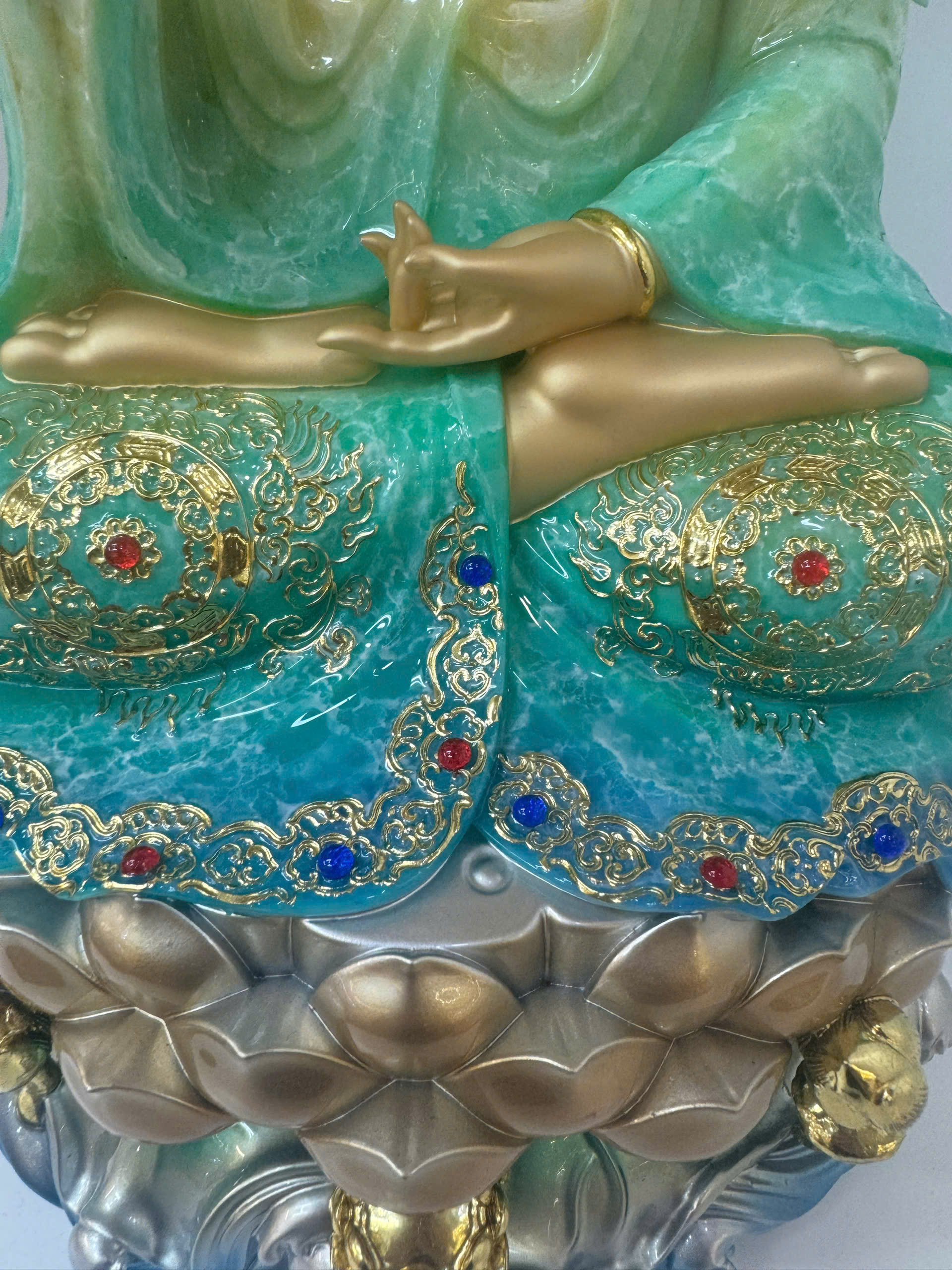 Tượng Quan Âm Bồ Tát Giả Đồng Áo Xanh Ngọc Ngồi Tòa Sen Sóng Nước 4 tấc (40cm) - Ảnh 8