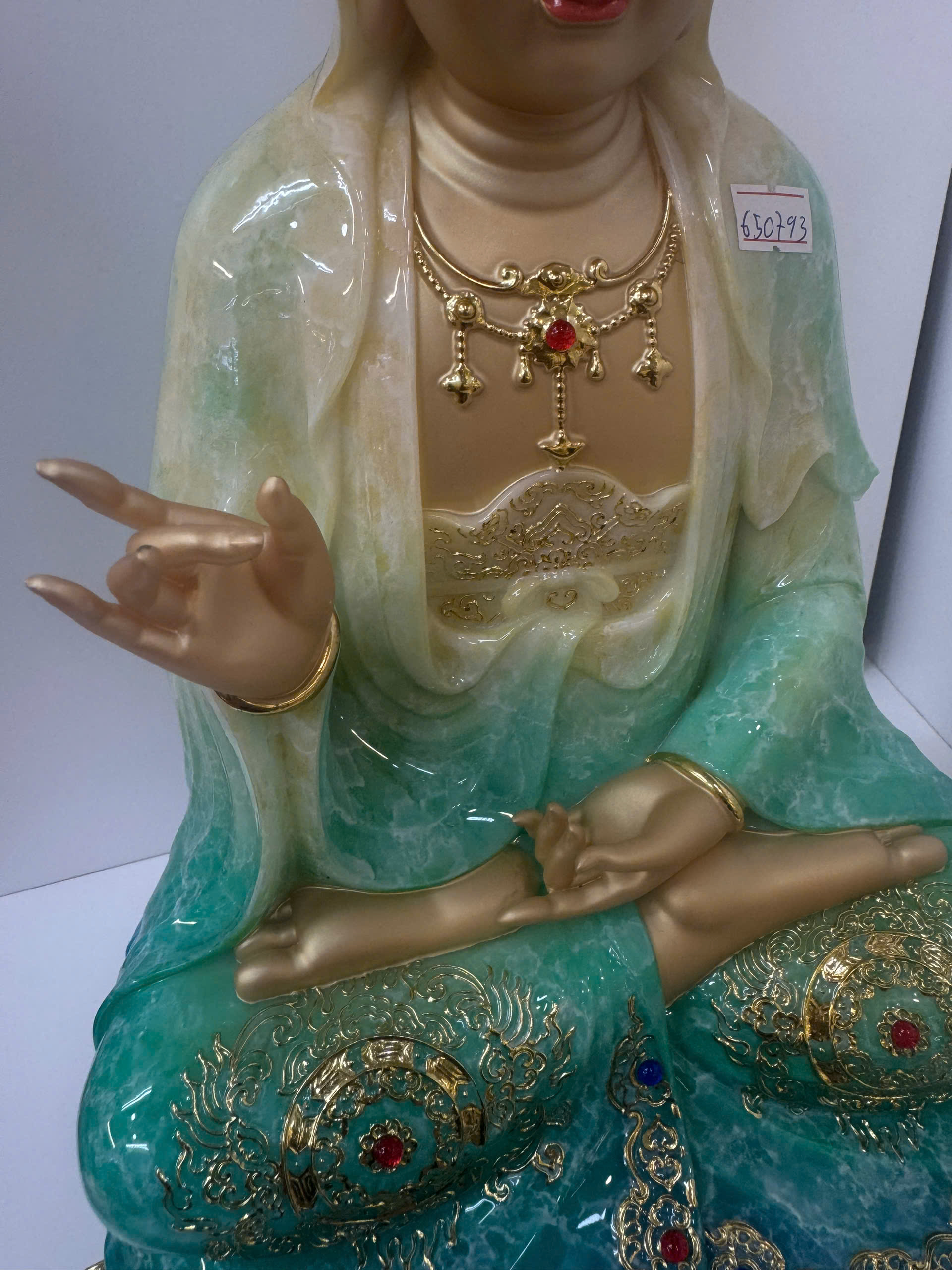 Tượng Quan Âm Bồ Tát Giả Đồng Áo Xanh Ngọc Ngồi Tòa Sen Sóng Nước 4 tấc (40cm) - Ảnh 7