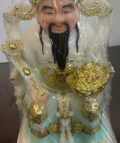 Alternative view of Thần Tài Như Ý Áo Trắng Xanh Ngọc Dát Vàng Ngồi Ngai Bột Đá 10in (25cm)