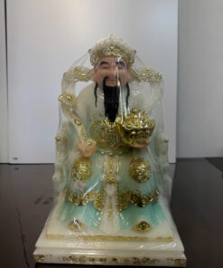 Thần Tài Như Ý Áo Trắng Xanh Ngọc Dát Vàng Ngồi Ngai Bột Đá 10in (25cm)