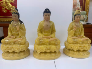 Tượng Tây Phương Tam Thánh vàng ngọc bột đá ngồi tòa sen