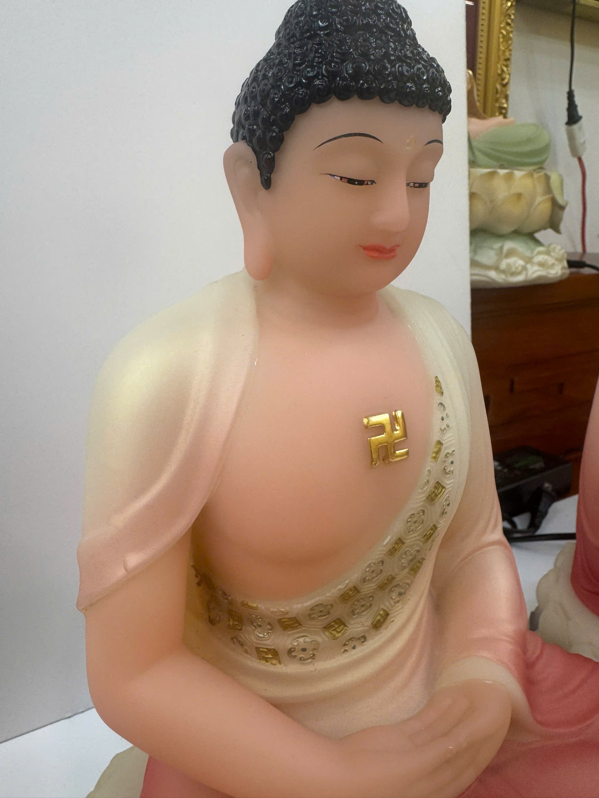 Tây Phương Tam Thánh Áo Hồng Đỏ Vẽ Tay Ngồi Tòa Sen Bột Đá 12 inch (30cm) - Ảnh 10