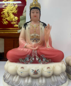 Tây Phương Tam Thánh Áo Hồng Đỏ Vẽ Tay Ngồi Tòa Sen Bột Đá 12 inch (30cm) - Ảnh 4