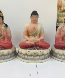 Tây Phương Tam Thánh Áo Hồng Đỏ Vẽ Tay Ngồi Tòa Sen Bột Đá 12 inch (30cm)