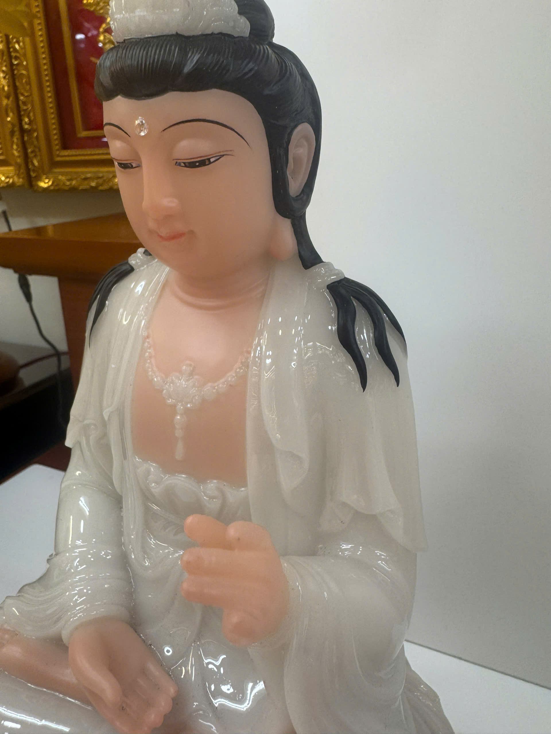 Tượng Tây Phương Tam Thánh Trắng Ngọc Ngồi Tòa Sen Bột Đá 12 inch (30cm) - Ảnh 7