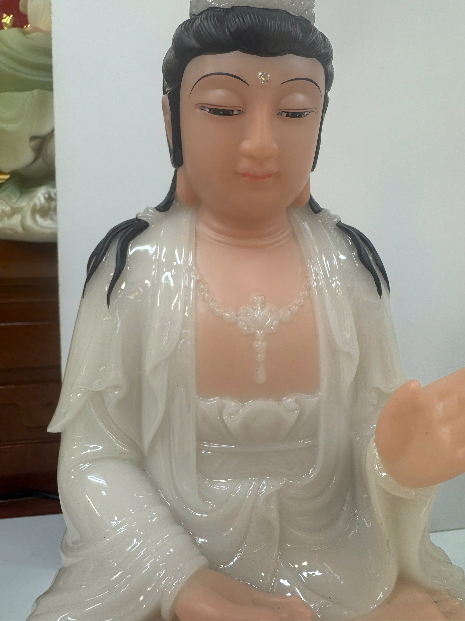 Tượng Tây Phương Tam Thánh Trắng Ngọc Ngồi Tòa Sen Bột Đá 12 inch (30cm) - Ảnh 5