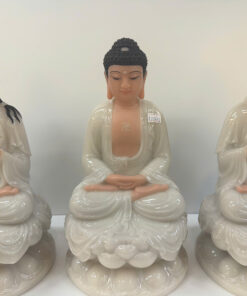 Tượng Tây Phương Tam Thánh Trắng Ngọc Ngồi Tòa Sen Bột Đá 12 inch (30cm) - Ảnh 3