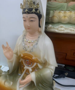 Tượng Tây Phương Tam Thánh Áo Vàng Phối Xanh Ngồi Tòa Sen Trắng Bột Đá 12inch (30cm) - Ảnh 18