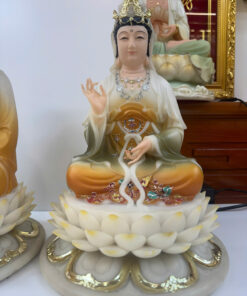 Tượng Tây Phương Tam Thánh Áo Vàng Phối Xanh Ngồi Tòa Sen Trắng Bột Đá 12inch (30cm) - Ảnh 15