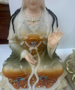 Tượng Tây Phương Tam Thánh Áo Vàng Phối Xanh Ngồi Tòa Sen Trắng Bột Đá 12inch (30cm) - Ảnh 8