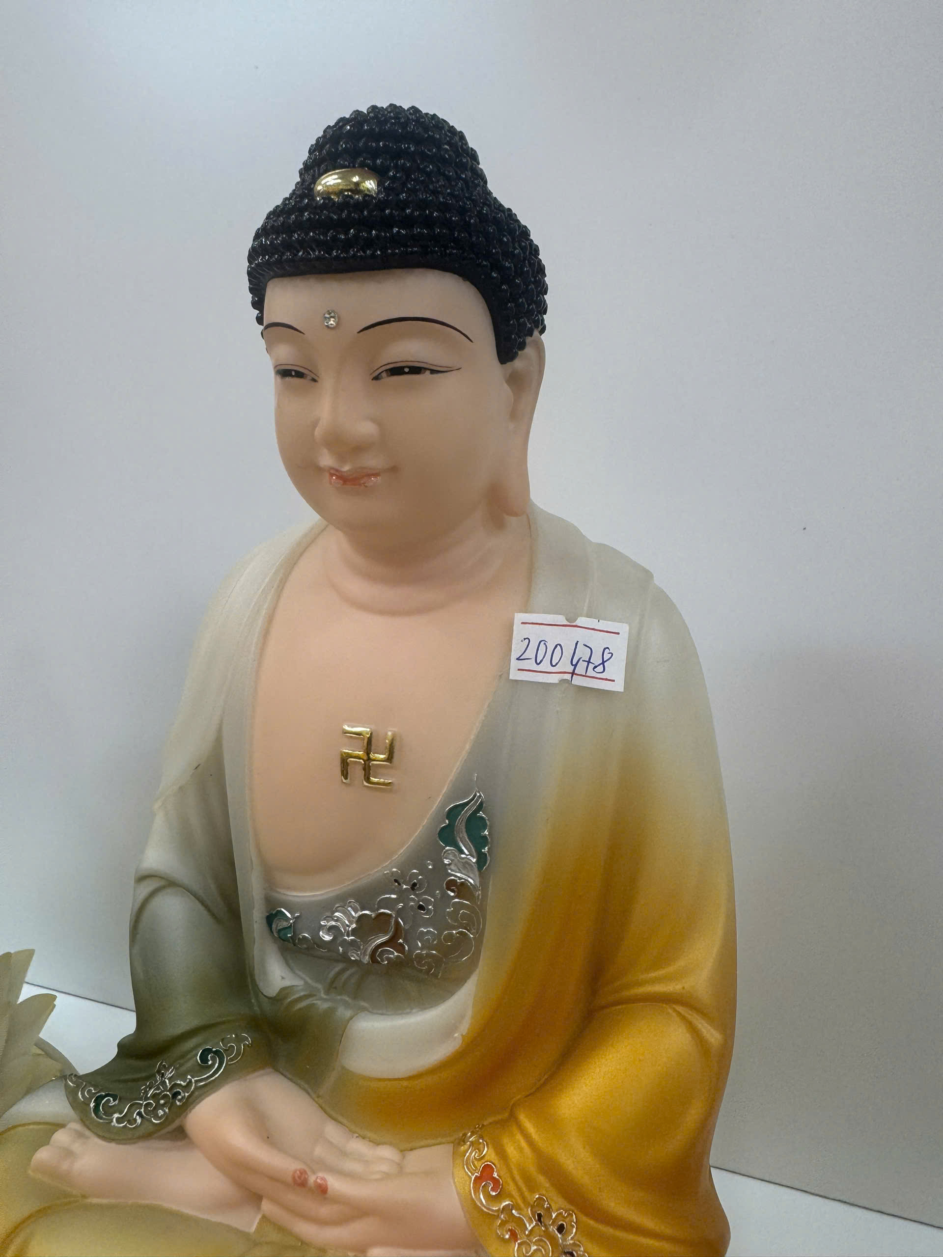 Tượng Tây Phương Tam Thánh Áo Vàng Phối Xanh Ngồi Tòa Sen Trắng Bột Đá 12inch (30cm) - Ảnh 10