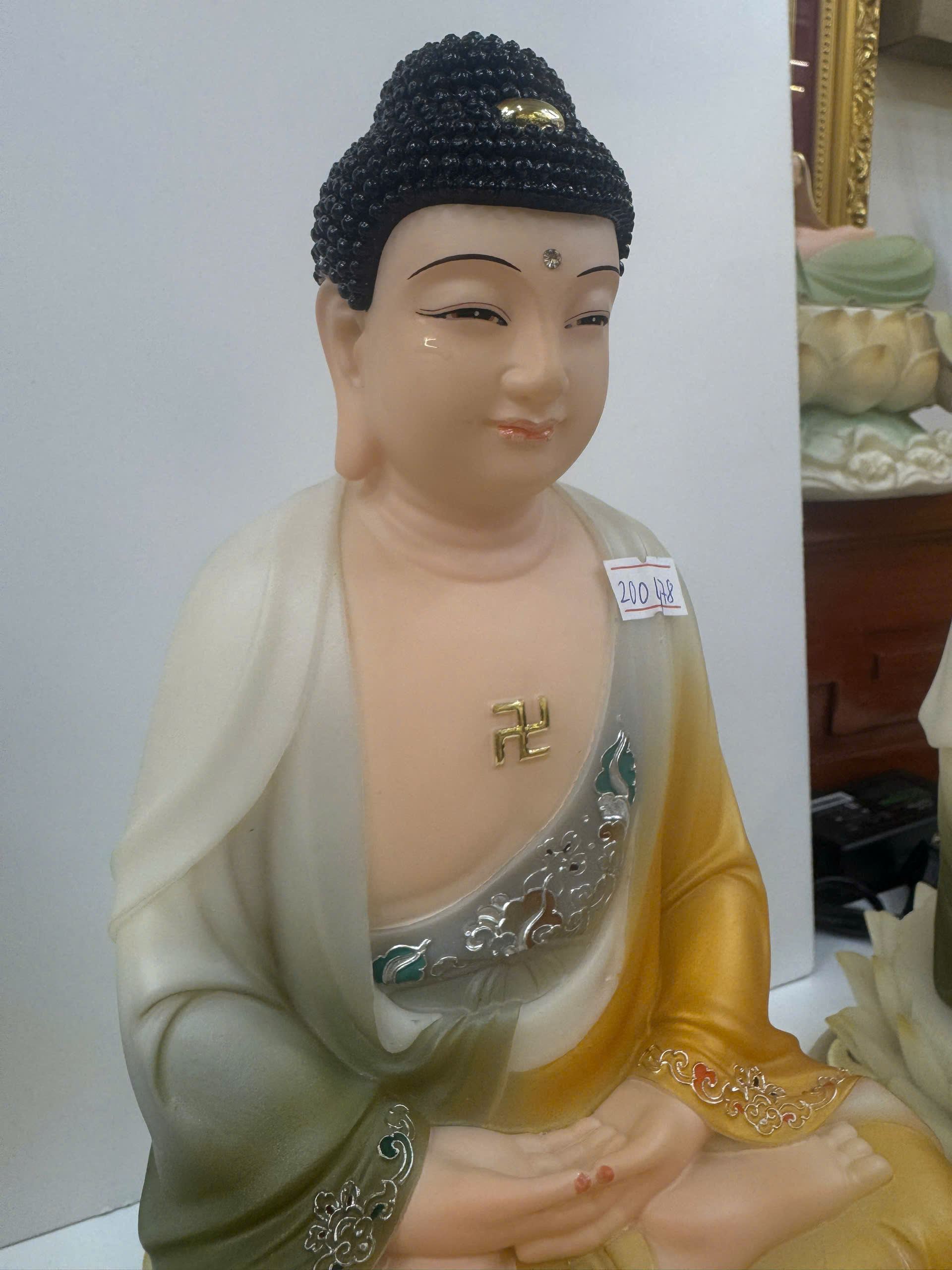 Tượng Tây Phương Tam Thánh Áo Vàng Phối Xanh Ngồi Tòa Sen Trắng Bột Đá 12inch (30cm) - Ảnh 11