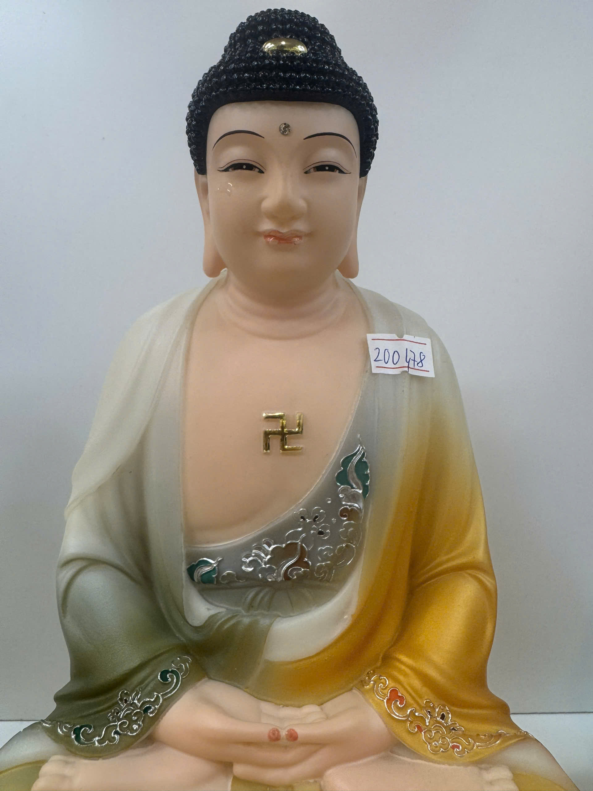 Tượng Tây Phương Tam Thánh Áo Vàng Phối Xanh Ngồi Tòa Sen Trắng Bột Đá 12inch (30cm) - Ảnh 12