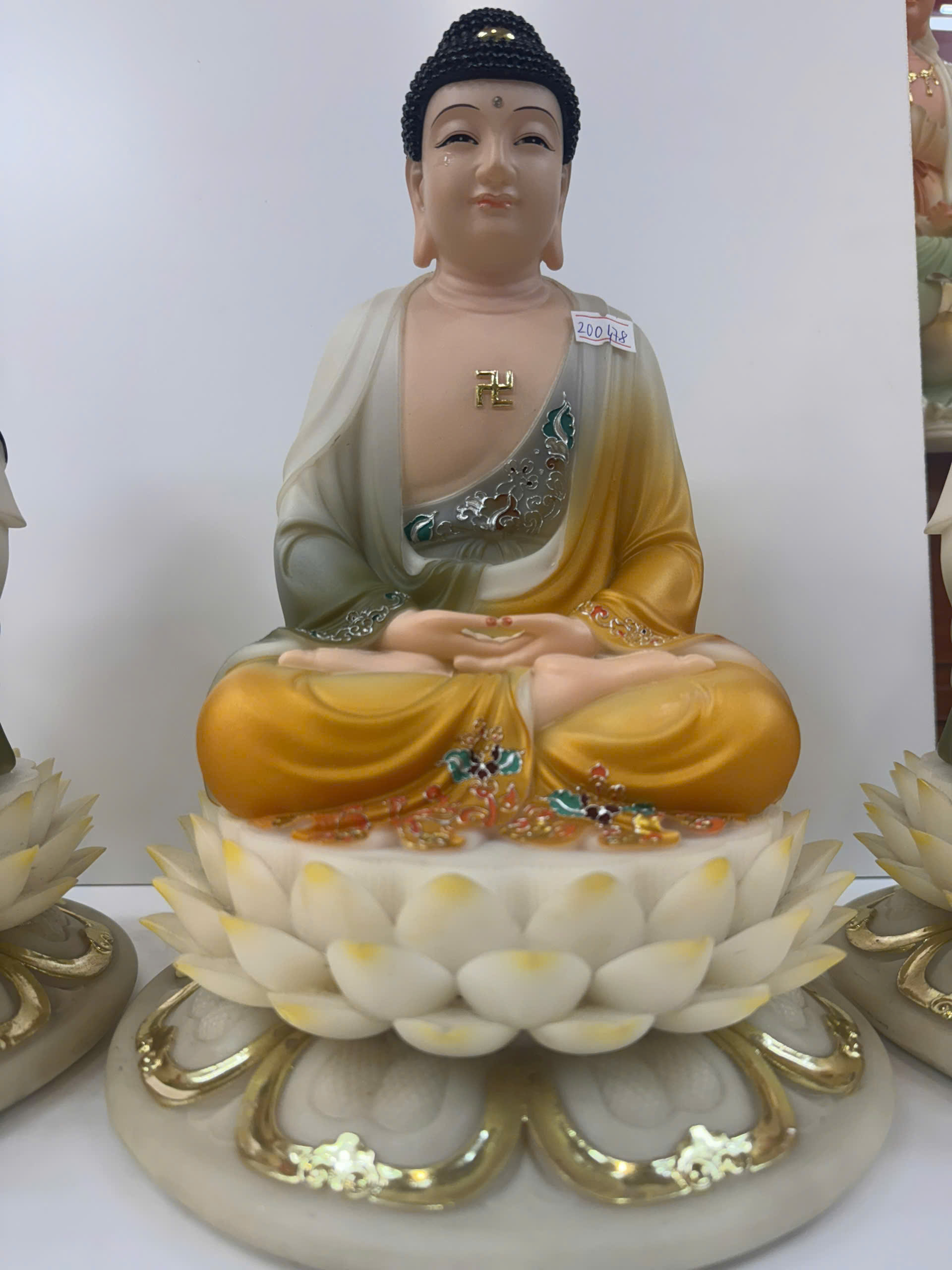 Tượng Tây Phương Tam Thánh Áo Vàng Phối Xanh Ngồi Tòa Sen Trắng Bột Đá 12inch (30cm) - Ảnh 13
