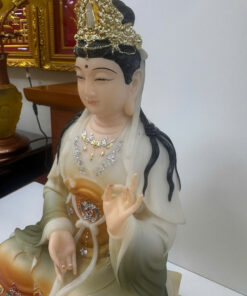 Tượng Tây Phương Tam Thánh Áo Vàng Phối Xanh Ngồi Tòa Sen Trắng Bột Đá 12inch (30cm) - Ảnh 7