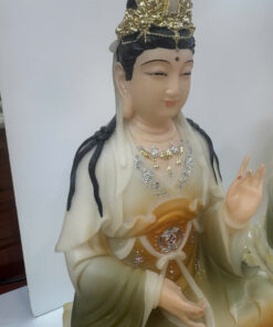 Tượng Tây Phương Tam Thánh Áo Vàng Phối Xanh Ngồi Tòa Sen Trắng Bột Đá 12inch (30cm) - Ảnh 6