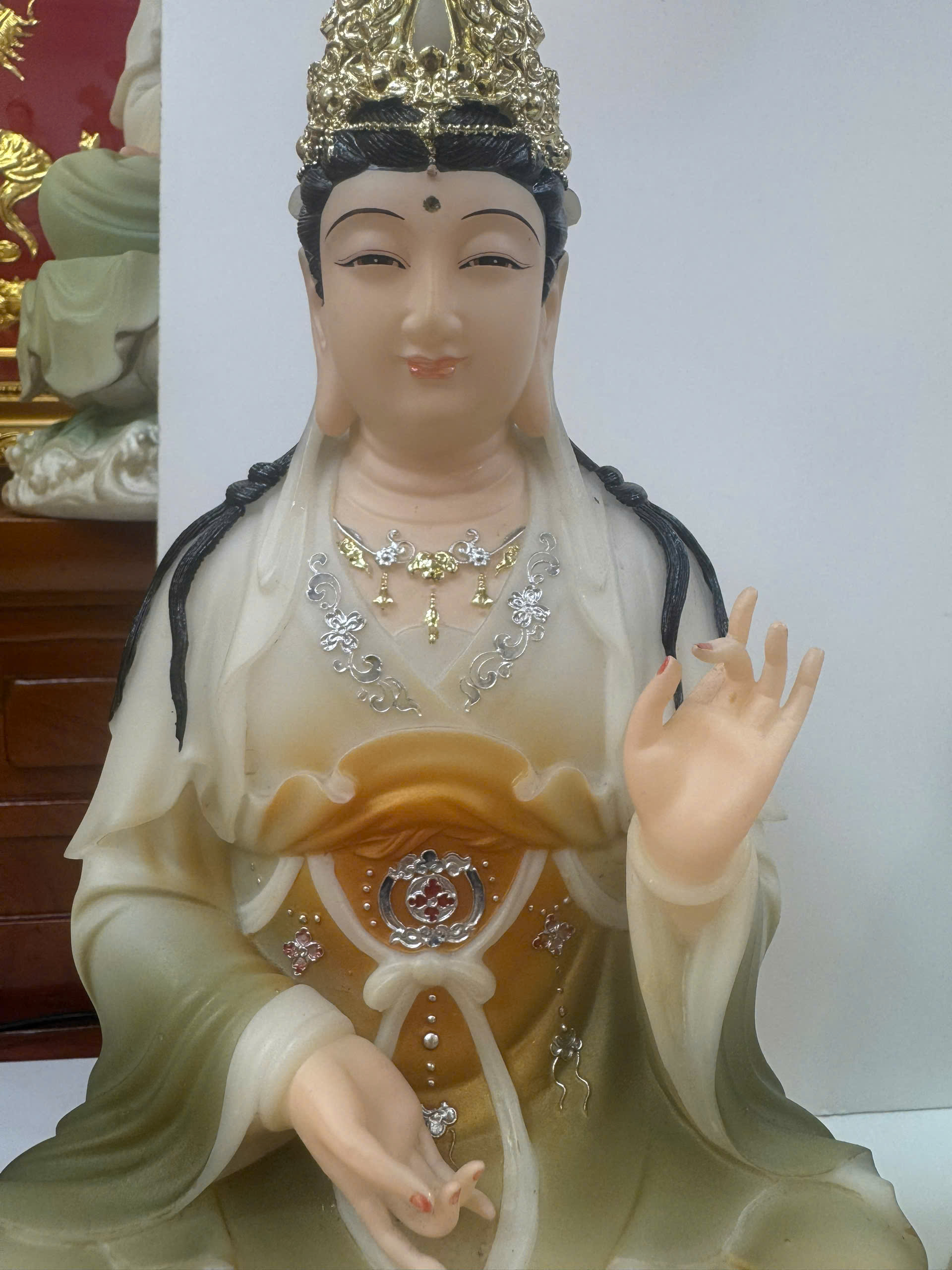 Tượng Tây Phương Tam Thánh Áo Vàng Phối Xanh Ngồi Tòa Sen Trắng Bột Đá 12inch (30cm) - Ảnh 5