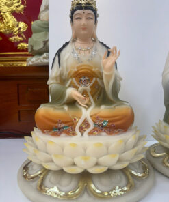 Tượng Tây Phương Tam Thánh Áo Vàng Phối Xanh Ngồi Tòa Sen Trắng Bột Đá 12inch (30cm) - Ảnh 4