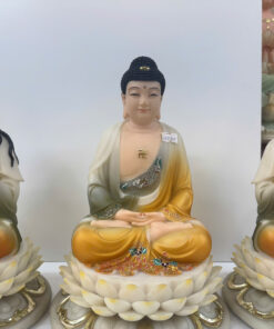 Tượng Tây Phương Tam Thánh Áo Vàng Phối Xanh Ngồi Tòa Sen Trắng Bột Đá 12inch (30cm) - Ảnh 3
