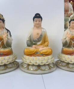 Tượng Tây Phương Tam Thánh Áo Vàng Phối Xanh Ngồi Tòa Sen Trắng Bột Đá 12inch (30cm)