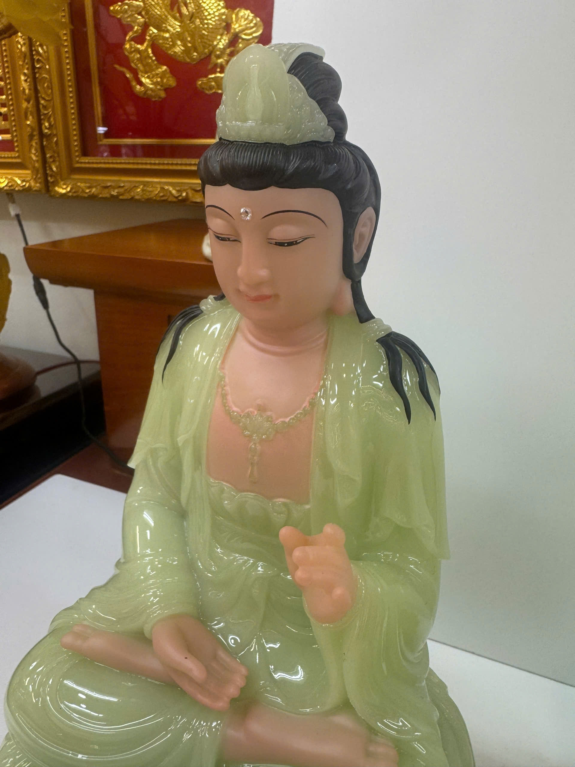 Tượng Tây Phương Tam Thánh Xanh Ngọc Ngồi Tòa Sen Bột Đá 12inch (30cm) - Ảnh 7