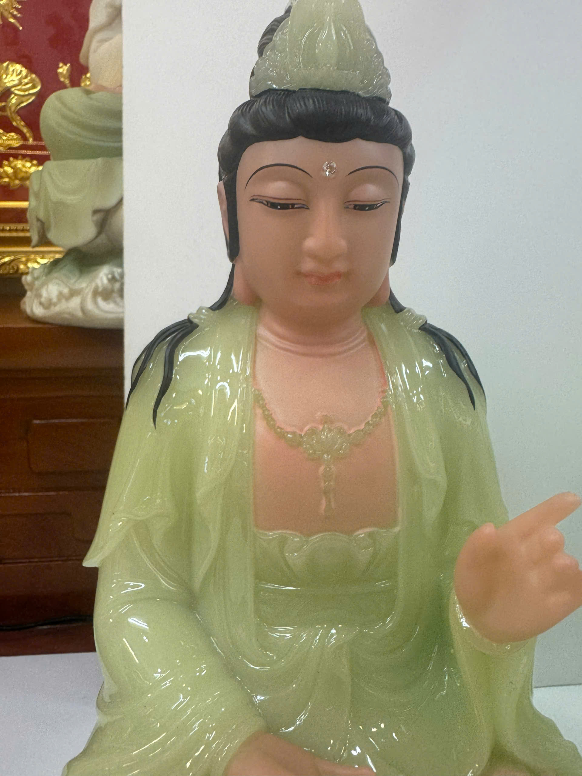Tượng Tây Phương Tam Thánh Xanh Ngọc Ngồi Tòa Sen Bột Đá 12inch (30cm) - Ảnh 5