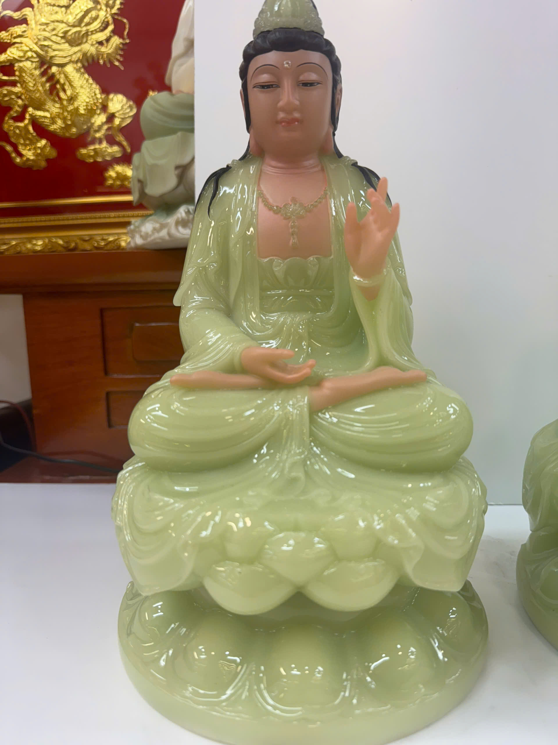 Tượng Tây Phương Tam Thánh Xanh Ngọc Ngồi Tòa Sen Bột Đá 12inch (30cm) - Ảnh 4