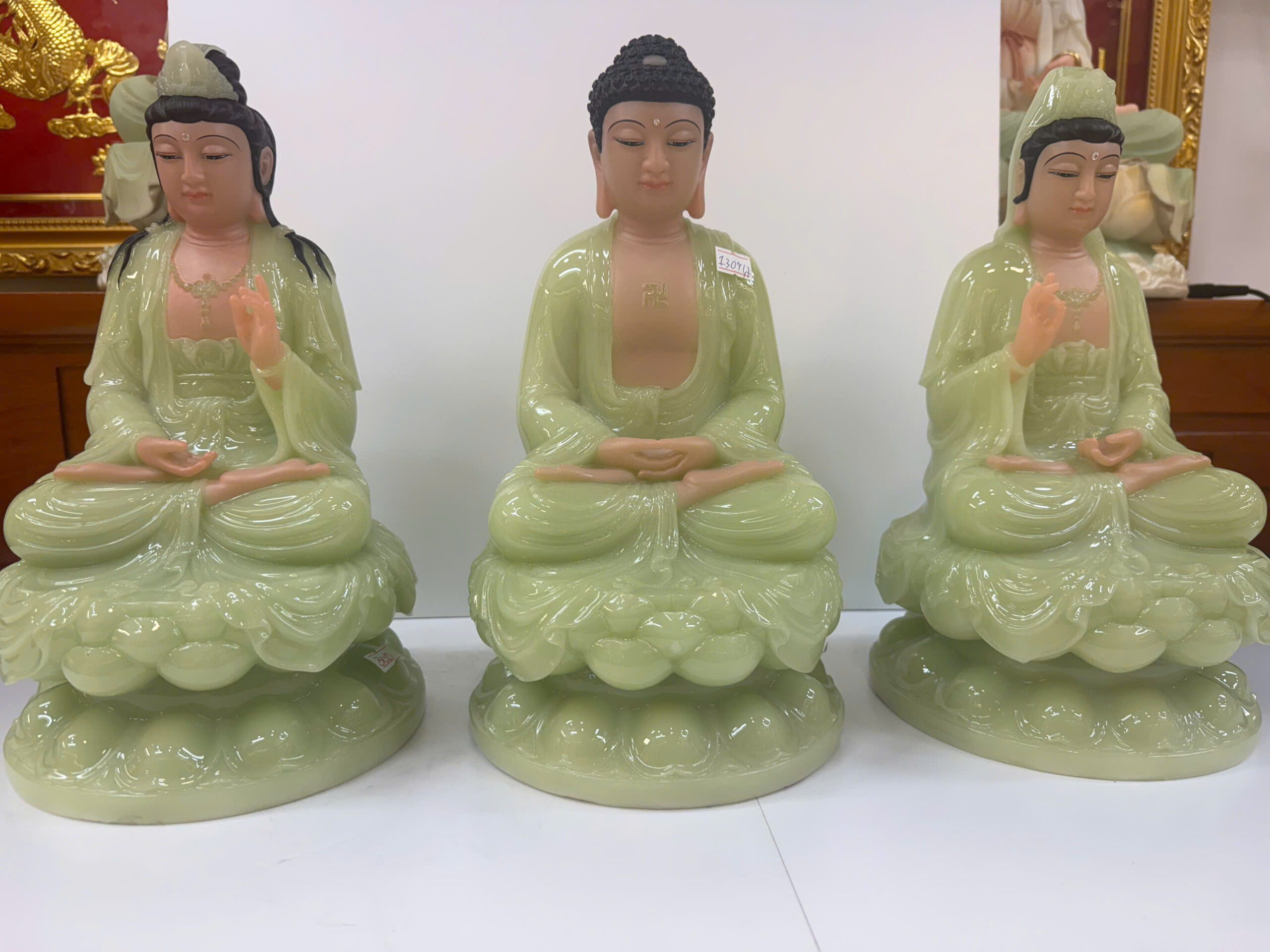 Tượng Tây Phương Tam Thánh Xanh Ngọc Ngồi Tòa Sen Bột Đá 12inch (30cm) - Ảnh 3
