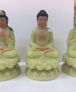 Tượng Tây Phương Tam Thánh Xanh Ngọc Ngồi Tòa Sen Bột Đá 12inch (30cm)