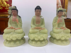 Tượng Tây Phương Tam Thánh xanh ngọc bột đá ngồi tòa sen