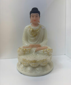 Tượng Phật Bổn Sư Trắng Ngọc Dát Vàng Ngồi Tòa Sen Bột Đá 3 tấc (30cm)