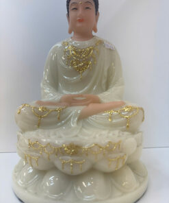 Alternative view of Tượng Phật Bổn Sư Trắng Ngọc Dát Vàng Ngồi Tòa Sen Bột Đá 3 tấc (30cm)