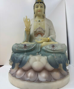 Alternative view of Tượng Quan Âm Bồ Tát Áo Trắng Phối Xanh Lam Ngồi Tòa Sen Bột Đá 4 tấc (40cm)