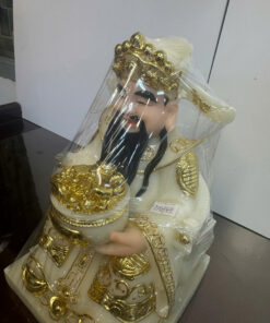 Alternative view of Thần Tài Trắng Ngà Dát Vàng Ôm Hũ Vàng Ngồi Ngai Bột Đá 10in (25cm)