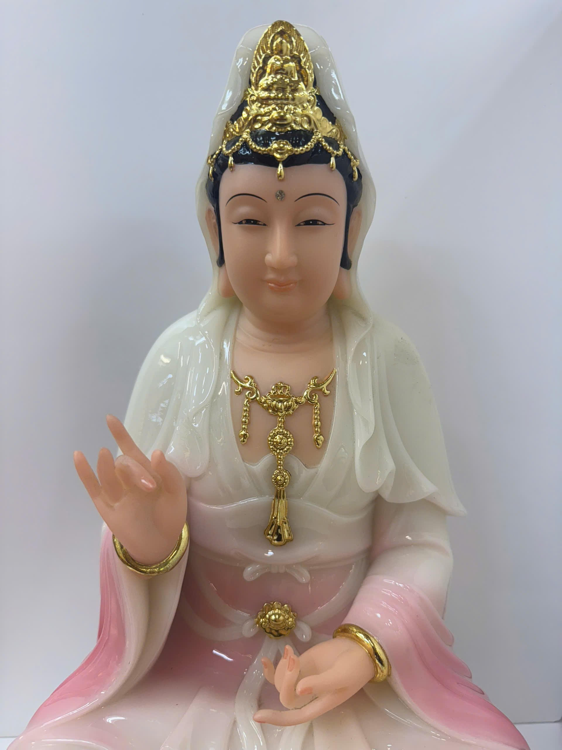 Tượng Quan Âm Bồ Tát Áo Trắng Hồng Ngồi Đài Sen Sóng Nước Bột Đá 4 tấc (40cm) - Ảnh 3