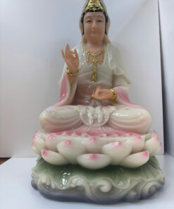 Tượng Quan Âm Bồ Tát Áo Trắng Hồng Ngồi Đài Sen Sóng Nước Bột Đá 4 tấc (40cm)