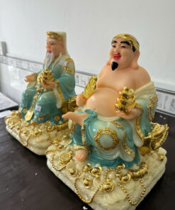 Tượng Thần Tài Ông Địa Áo Xanh Ngọc Ngồi Đế Núi Tiền Vàng Bột Đá 12in (30cm) - Ảnh 4