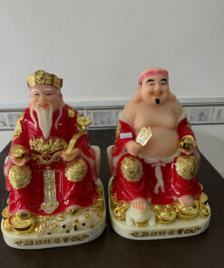 Tượng Thần Tài Ông Địa Áo Đỏ Dát Vàng Ngồi Đôn Trắng Ngà Bột Đá 10in (25cm)