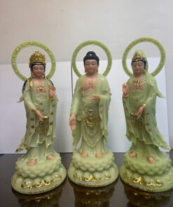 Tây Phương Tam Thánh Đứng Xanh Ngọc Bích Dát Vàng Bột Đá