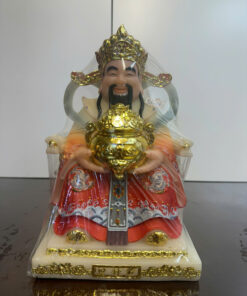 Thần Tài Áo Gấm Ôm Chậu Tụ Bảo Vàng Ngồi Ngai Bột Đá 10in (25cm)