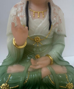 Tượng Quan Âm Bồ Tát Áo Xanh Lá Dát Vàng Ngồi Tòa Sen Bột Đá 3 tấc (30cm) - Ảnh 7