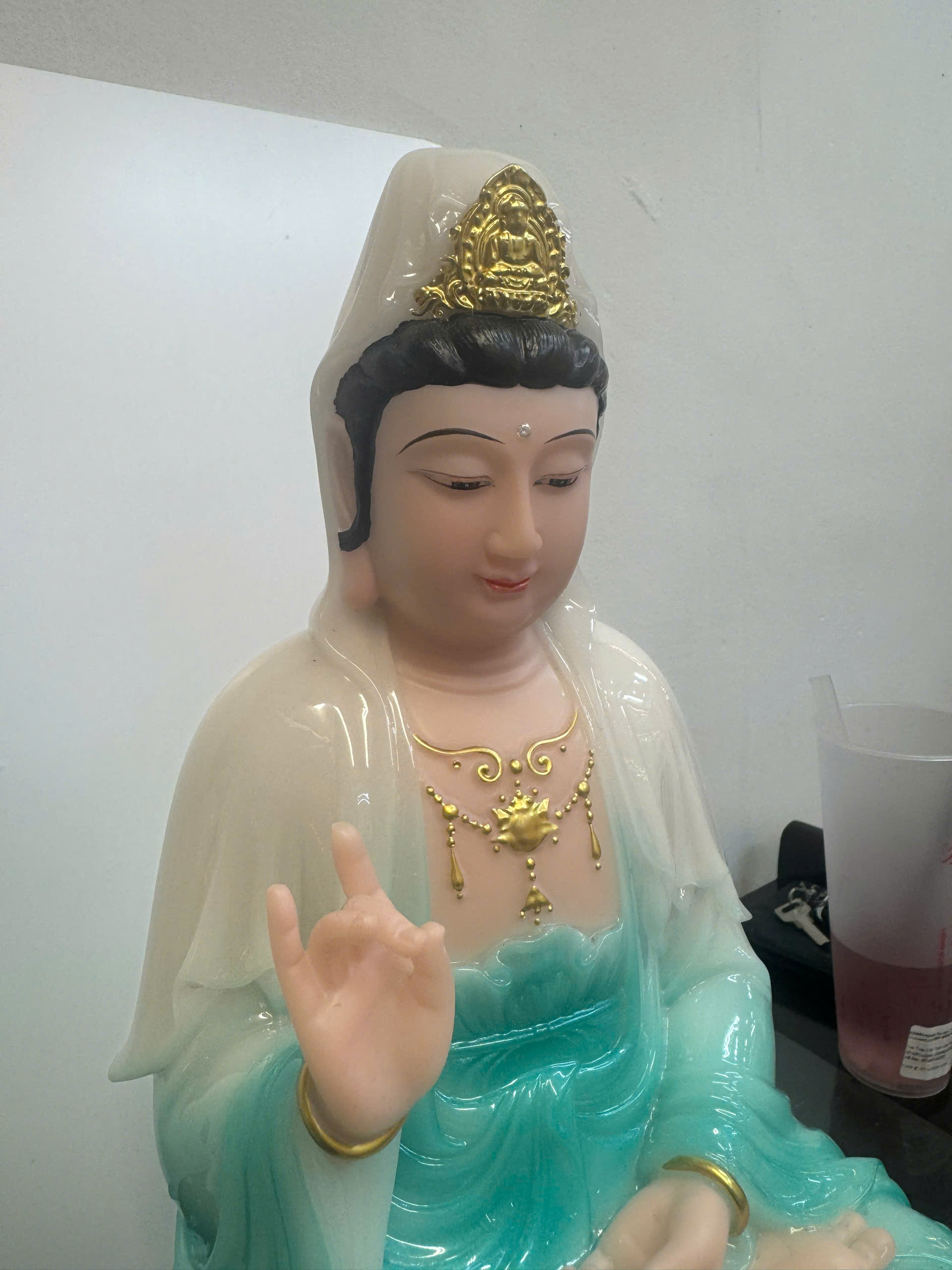 Tây Phương Tam Thánh Áo Trắng Phối Xanh Ngọc Lam Ngồi Tòa Sen Bột Đá - Ảnh 4