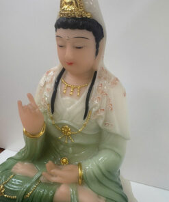 Tượng Quan Âm Bồ Tát Áo Xanh Lá Dát Vàng Ngồi Tòa Sen Bột Đá 3 tấc (30cm) - Ảnh 6