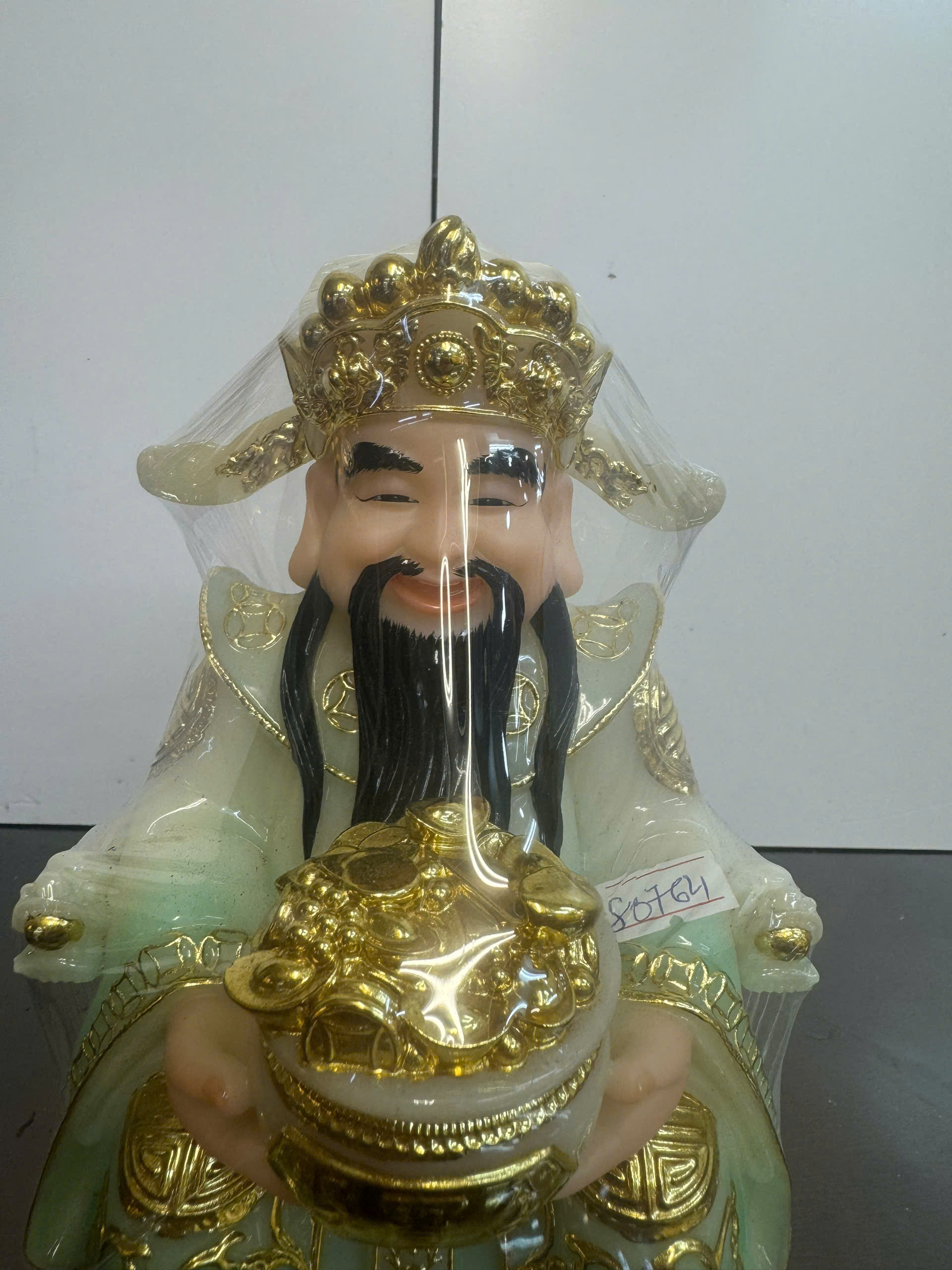 Thần Tài Áo Xanh Ngọc Dát Vàng Ôm Hũ Vàng Ngồi Ngai Bột Đá 12in (30cm) - Ảnh 3