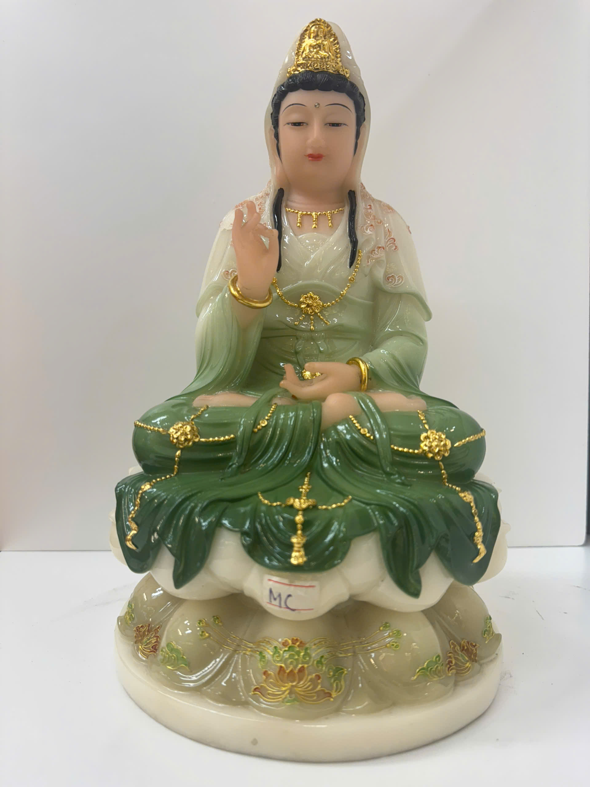 Tượng Quan Âm Bồ Tát Áo Xanh Lá Dát Vàng Ngồi Tòa Sen Bột Đá 3 tấc (30cm)