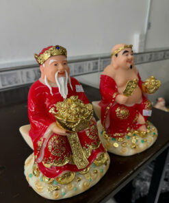 Tượng Thần Tài Ông Địa Áo Đỏ Ôm Chậu Tụ Bảo Ngồi Mây Bột Đá 8in (20cm) - Ảnh 3