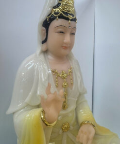 Tượng Quan Âm Bồ Tát Áo Trắng Vàng Ngồi Đài Sen Sóng Nước Bột Đá 4 tấc (40cm) - Ảnh 5