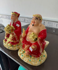 Tượng Thần Tài Ông Địa Áo Đỏ Ôm Chậu Tụ Bảo Ngồi Mây Bột Đá 8in (20cm) - Ảnh 4