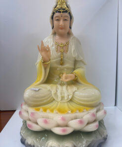 Tượng Quan Âm Bồ Tát Áo Trắng Vàng Ngồi Đài Sen Sóng Nước Bột Đá 4 tấc (40cm)