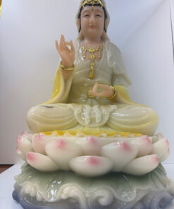 Alternative view of Tượng Quan Âm Bồ Tát Áo Trắng Vàng Ngồi Đài Sen Sóng Nước Bột Đá 4 tấc (40cm)